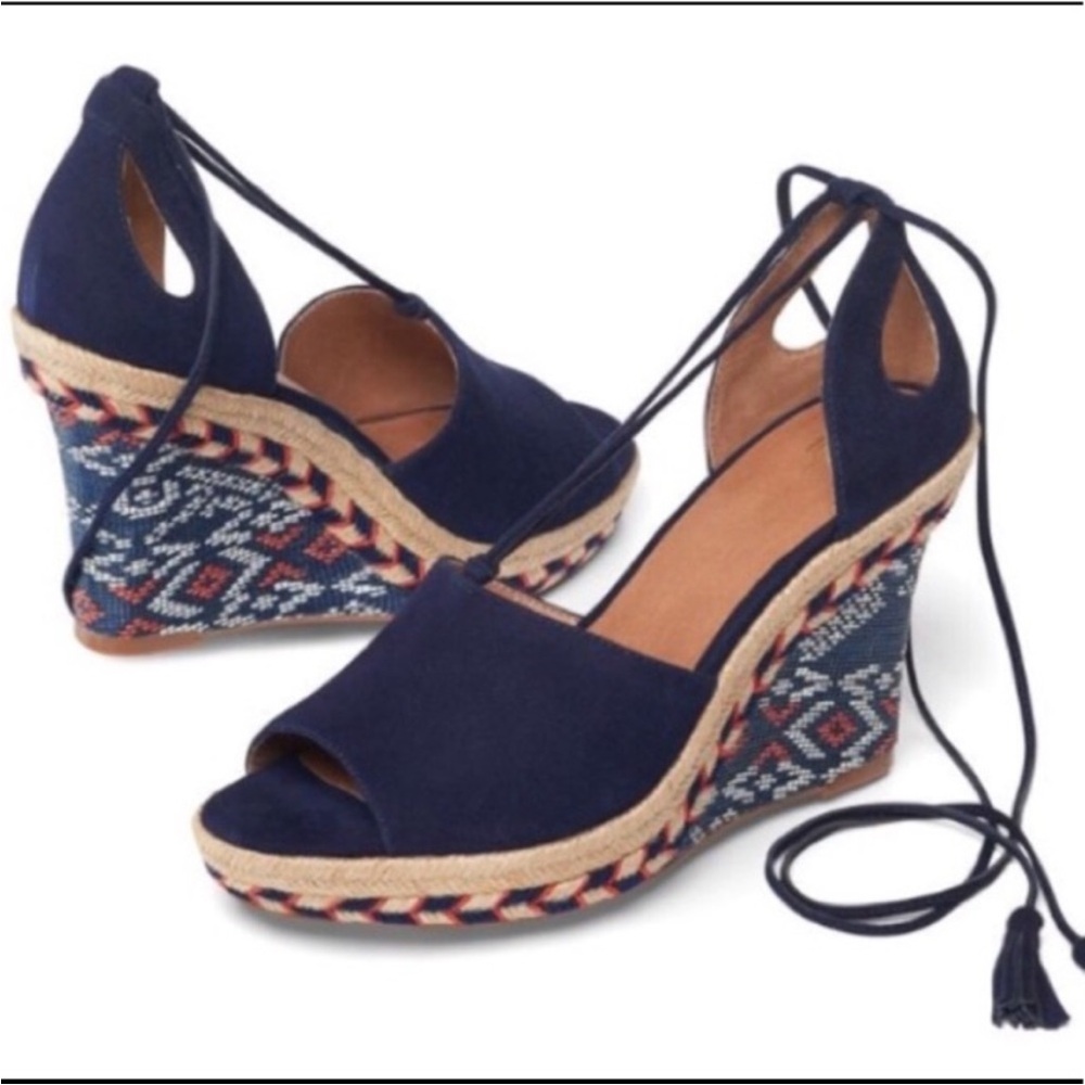 CAbi Isla Espadrille wedge shoes with Aztec details. Blue suede. Size 8.